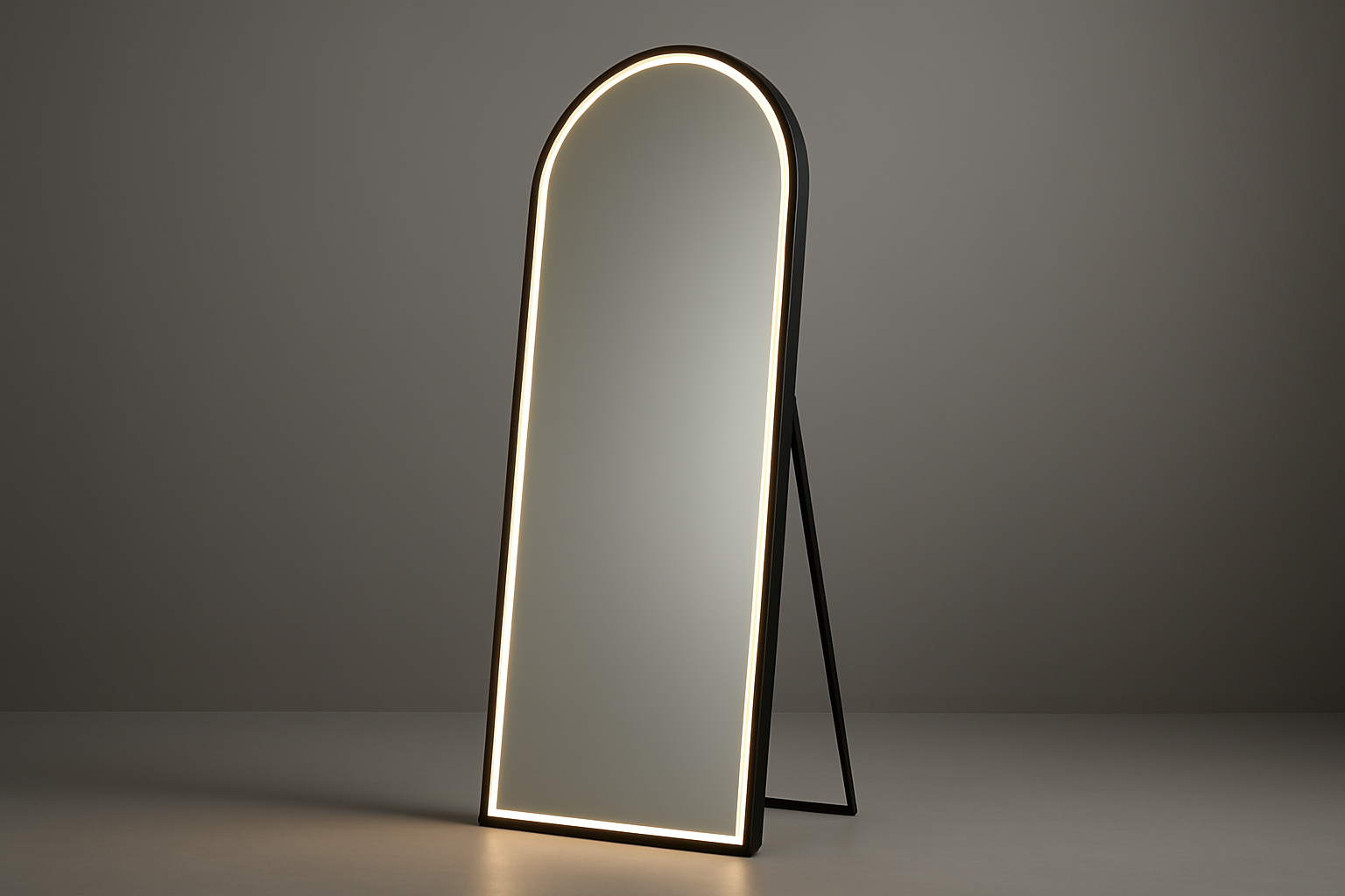 espejo de piso con luz led  de marco negro en fomar de arco 